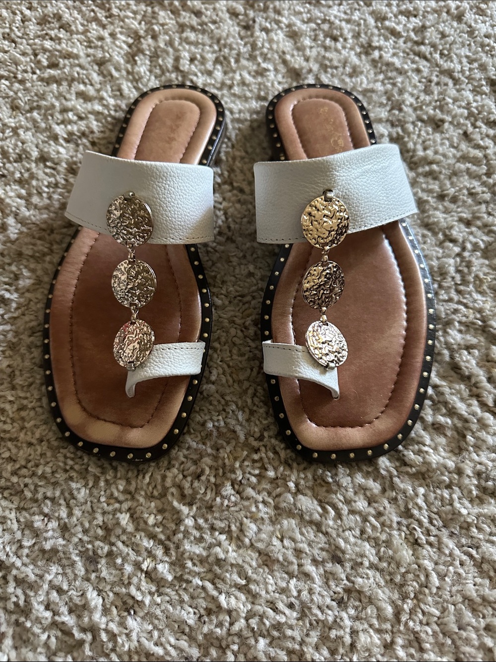 Coach and Four White Slide Sandals with Gold Disc Chain